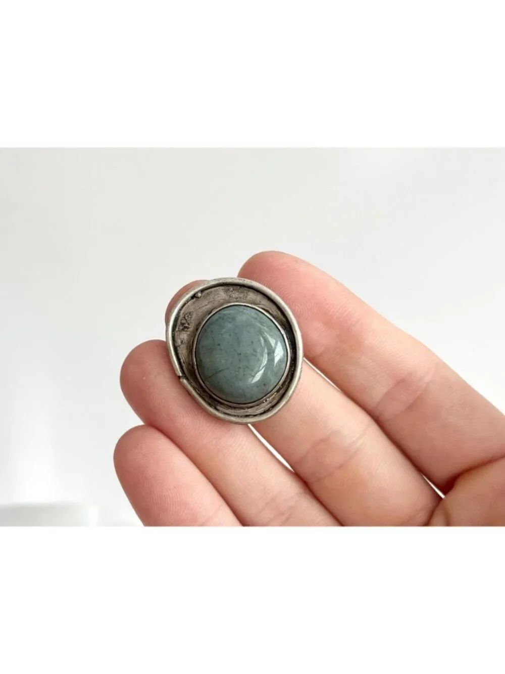 Modernist Freeform Green Agate Gemstone 800 Silver Vintage Ring - sz 9.25